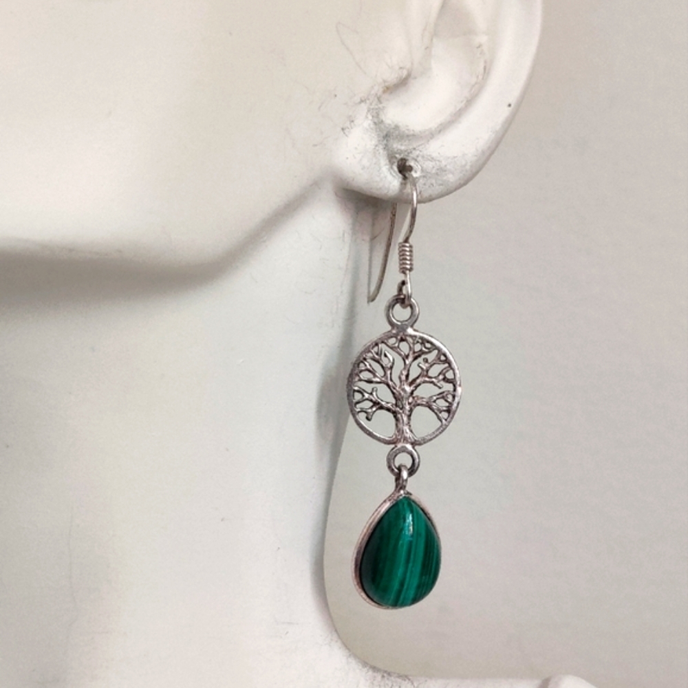 Sterling Silver Tree of Life and malachite earrings